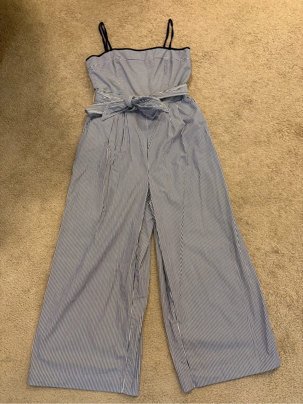 ⁠J.Crew Marseille Blue White Pinstripe Wide Leg Crop Jumpsuit Size 2 - Picture 3 of 11